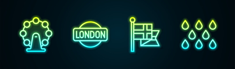Set line London eye, sign, England flag flagpole and Water drop. Glowing neon icon. Vector