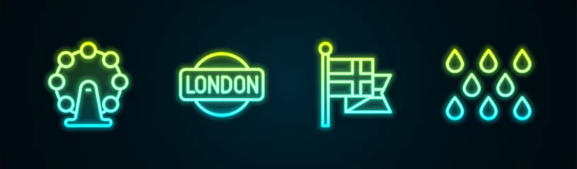 Foto op Canvas Set line London eye, sign, England flag flagpole and Water drop. Glowing neon icon. Vector © Kostiantyn