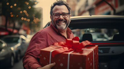 hombre latino con barba sonriente guardando regalos en su auto, caja con moño rojo, obsequio - obrazy, fototapety, plakaty
