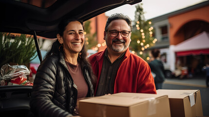 pareja de personas latinas con cajas de regalos que van a guardar en sus autos, sonrientes y con luces de celebracion  - obrazy, fototapety, plakaty