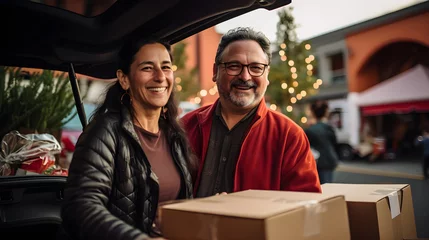 Poster pareja de personas latinas con cajas de regalos que van a guardar en sus autos, sonrientes y con luces de celebracion  © ClicksdeMexico