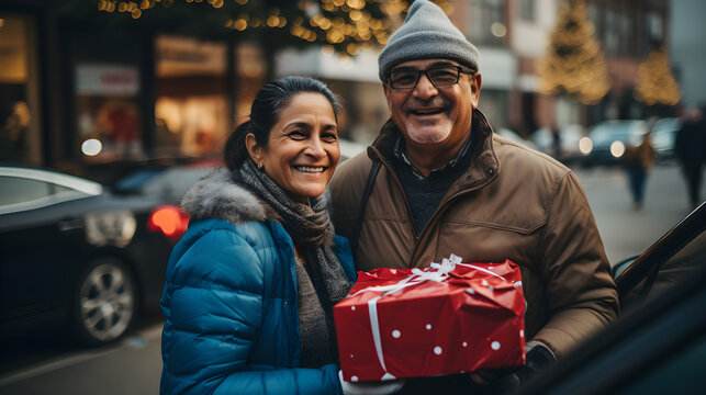 Felicidad Empacada: Pareja Latina en Acción Festiva pareja de personas latinas transportando en us auto una caja de regalo