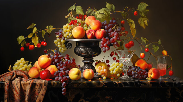  a painting of fruit on a table with a vase of grapes, peaches, apples, and cherries.  generative ai