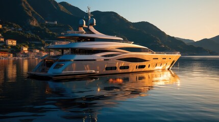 Luxury yacht moored in a picturesque bay in the evening light.