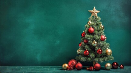 Christmas tree with baubles and star on green chalkboard background