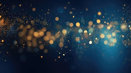 Poster abstract background with Dark blue and gold particle Christmas Golden light shine particles bokeh on navy blue background Gold © Charlie