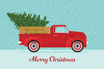 Retro pickup truck with a Christmas tree. Vector illustration in vintage style © Ольга Гладій