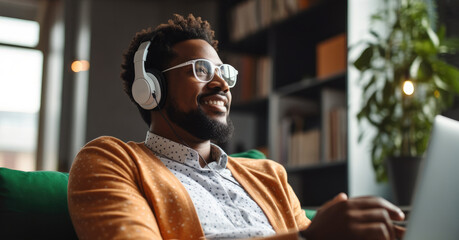 Happy African American man in glasses listening to favorite audio music, Enjoying pause break time...