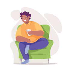 Body Positive Happy Man Character with Cheerful Smile Sit on Armchair with Smartphone Vector Illustration