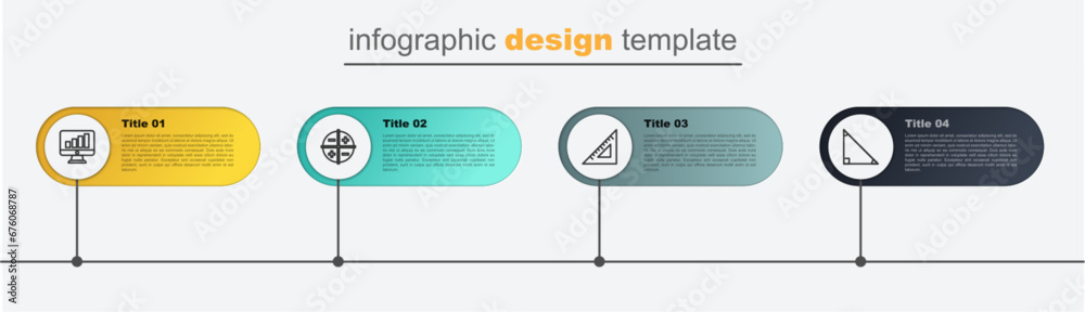 Poster set line triangle math, triangular ruler, xyz coordinate system and computer monitor with graph char