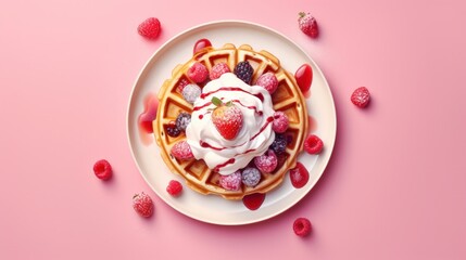 From above, delectable sweet waffles with cream, sauce, and berries are presented on a pink platter against a vibrant table backdrop.