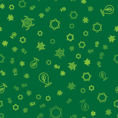 Set line Biohazard symbol, Location with leaf and Molecule on seamless pattern. Vector