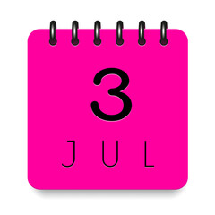 3 day of the month. July. Pink calendar daily icon. Black letters. Date day week Sunday, Monday, Tuesday, Wednesday, Thursday, Friday, Saturday. Cut paper. White background. Vector illustration.