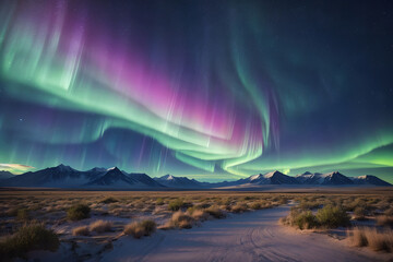  Image of auroras in the desert night, AI generated