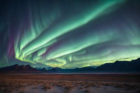 Desert night sky image with aurora borealis, AI generated