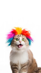 Funny smiling excited cat wearing clown hat costume, festival clothes, birthday kitty on white background