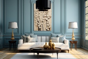 A bright living room with blue wall woodwork.