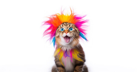 Fototapeta na wymiar Funny smiling excited cat wearing clown hat costume, festival clothes, birthday kitty on white background