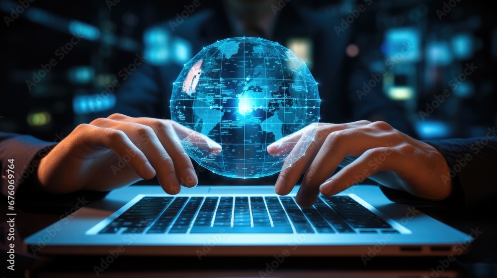 Aufkleber hand show virtual laptop computer with cyber security, business technology, cyber security firewall 
