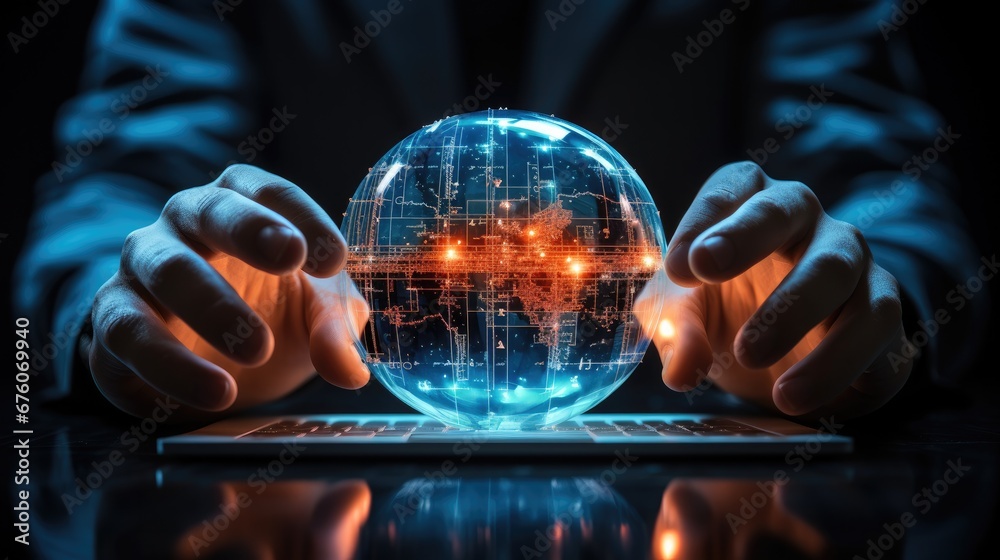 Aufkleber hand show virtual laptop computer with cyber security, business technology, cyber security firewall 