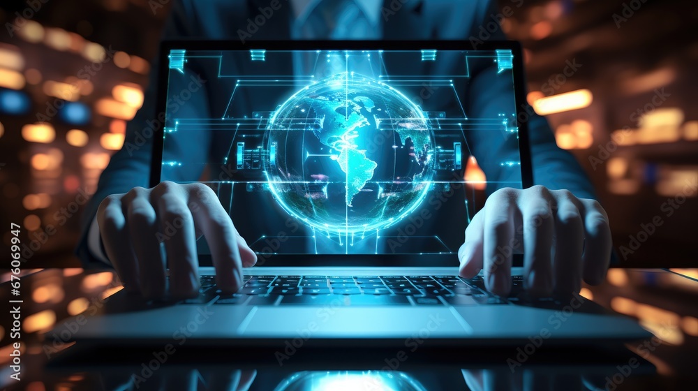 Aufkleber Hand show virtual laptop computer with cyber security, Business technology, Cyber Security Firewall and Antivirus, Alert Protection Security with Cybersecurity.