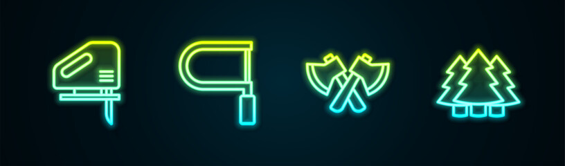 Set line Electric jigsaw, Hacksaw, Wooden axe and Christmas tree. Glowing neon icon. Vector