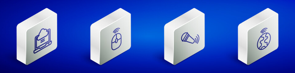 Set Isometric line Network cloud connection, Wireless computer mouse, microphone and Global technology icon. Vector