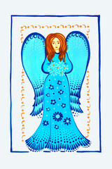 Christmas angel in blue color, hand drawn.