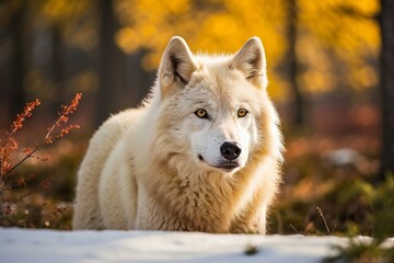 Obraz premium Portrait of the Arctic Wolf. White Wolf in the Wilderness. Canis lupus. Lone Wolf in Deep Forest. White Wolf.
