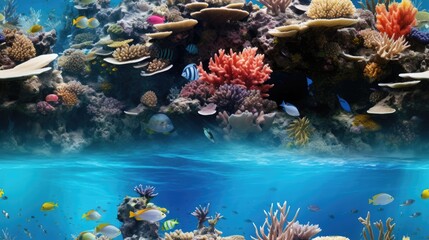 Fototapeta na wymiar an underwater scene of a coral reef with many different types of corals and fish swimming in the blue water. generative ai