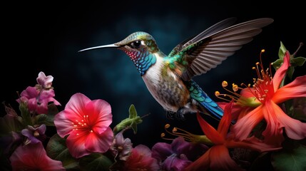  a hummingbird sitting on top of a flower next to a bunch of pink and red flowers on a black background.  generative ai