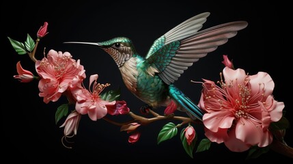  a hummingbird perches on a branch of a flowered tree with pink flowers in the foreground and a black background.  generative ai