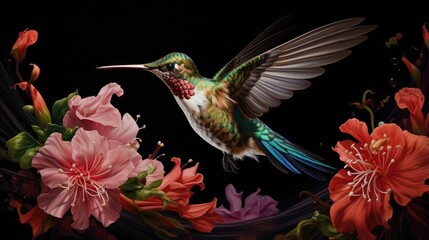  a painting of a hummingbird in flight with flowers in the foreground and a third hummingbird in the background.  generative ai