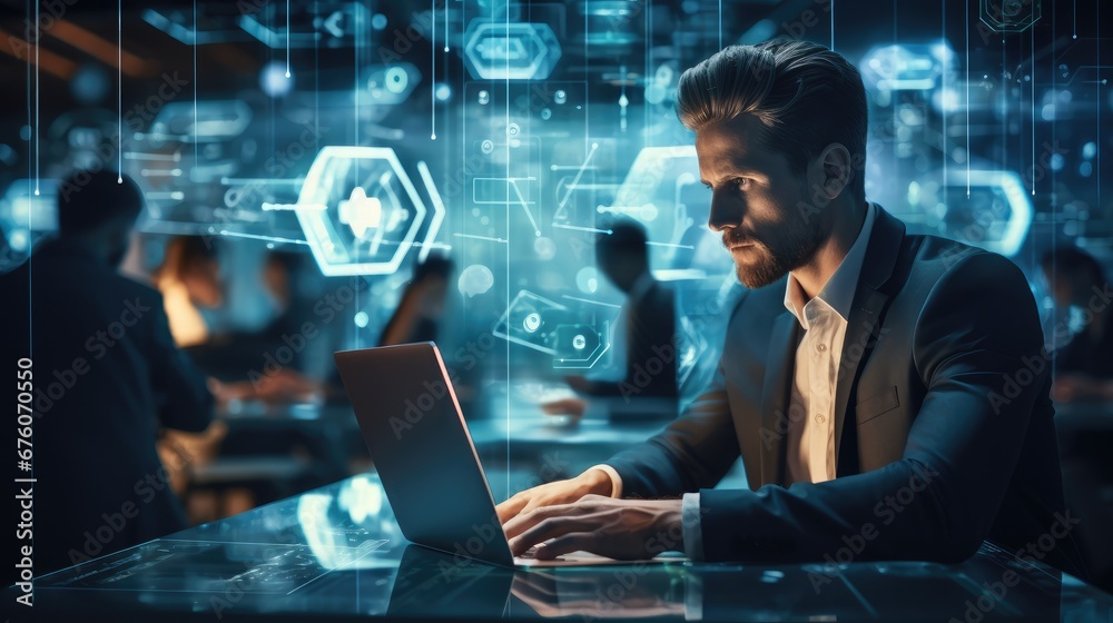 Poster business person working web development, ai future, artificial intelligence chatbot developed by ai,