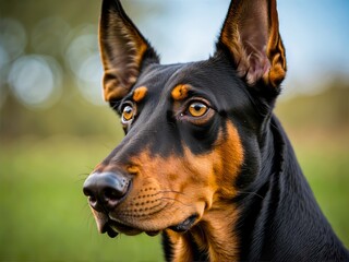 Portrait of a Doberman Dog on an Autumn Field. Man's Best Friend. Portrait of the Dog on the Meadow. Family Dog.
