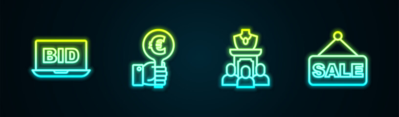 Set line Online auction, Hand holding paddle, Auction jewelry sale and Price tag with Sale. Glowing neon icon. Vector