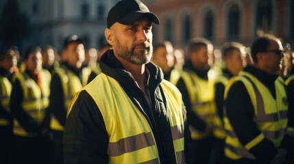 Many security guards with neon yellow vest doing his job on a event. - obrazy, fototapety, plakaty