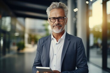 Old man using digital tablet with smiling face, Standing in front of office with shining morning vibes.