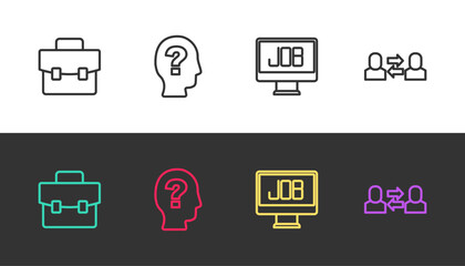 Set line Briefcase, Worker, Search job and Exchange work on black and white. Vector