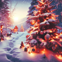 Winter Magic: Christmas Tree with Gifts and Lights in the Snow
