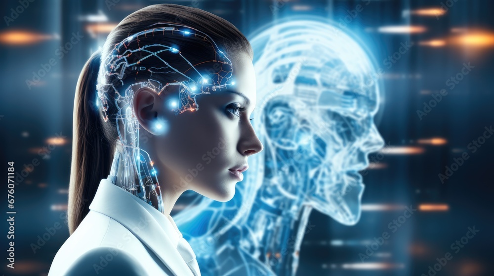 Aufkleber Modern businessperson interacting with an AI assistant through a virtual interface, ChatGPT Chat with AI or Artificial Intelligence technology, business use AI smart technology.