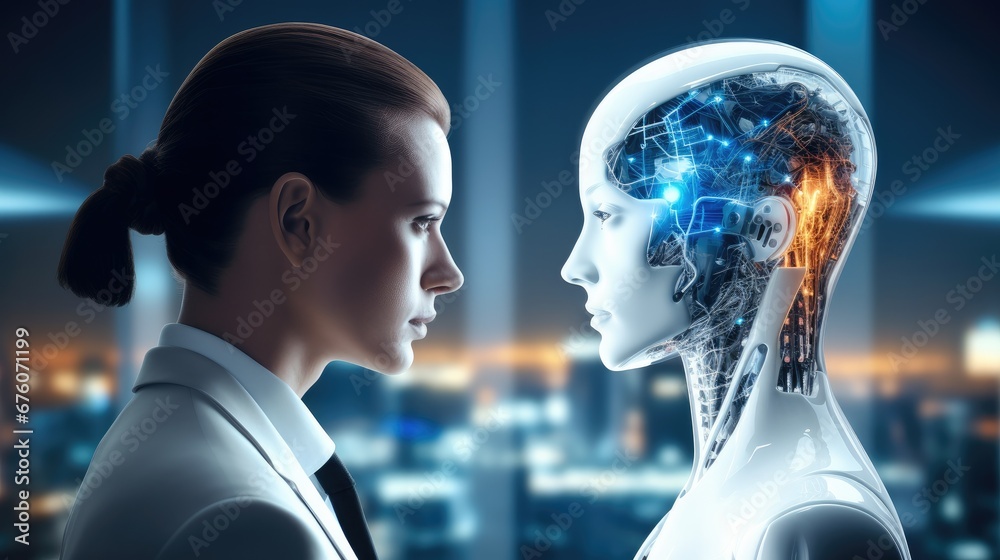 Aufkleber Modern businessperson interacting with an AI assistant through a virtual interface, Chat GDP Chat with AI or Artificial Intelligence technology, business use AI smart technology.