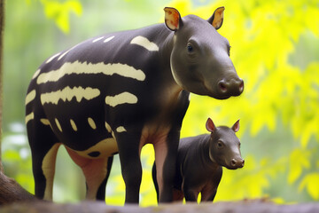 Malayin tapir animal with baby in nature green rainforest