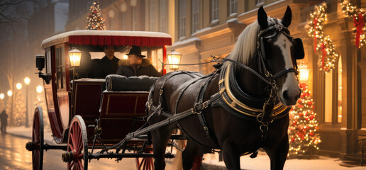 Horse drawn carriages in city street during Christmas.