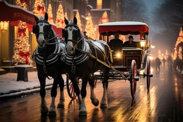 Horse drawn carriages in city street during Christmas.
