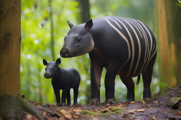 Malayin tapir animal with baby in nature green rainforest