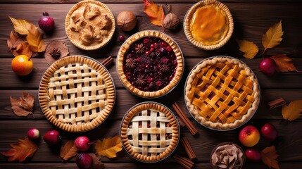 Assorted fall pies flat lay on brown wood plank table Thanksgiving seasonal baking