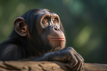 Close up shot of chimpanzee in tropical green rainforest