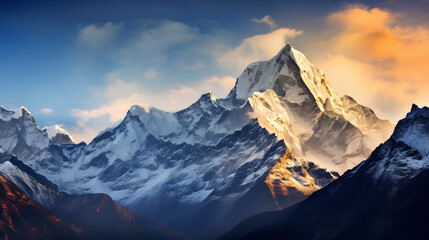 Fototapeta premium Majestic Mountain Range Bathed in the Glowing Morning Light, Highlighting the Snow-Capped Peaks, Enhanced with Cool Tones to Portray a Crisp and Fresh Aura