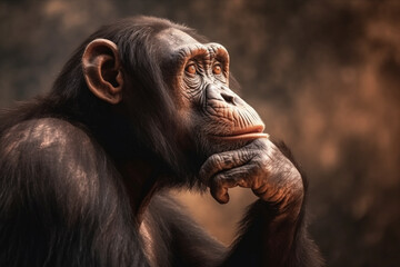 Close up shot of chimpanzee in tropical green rainforest - obrazy, fototapety, plakaty